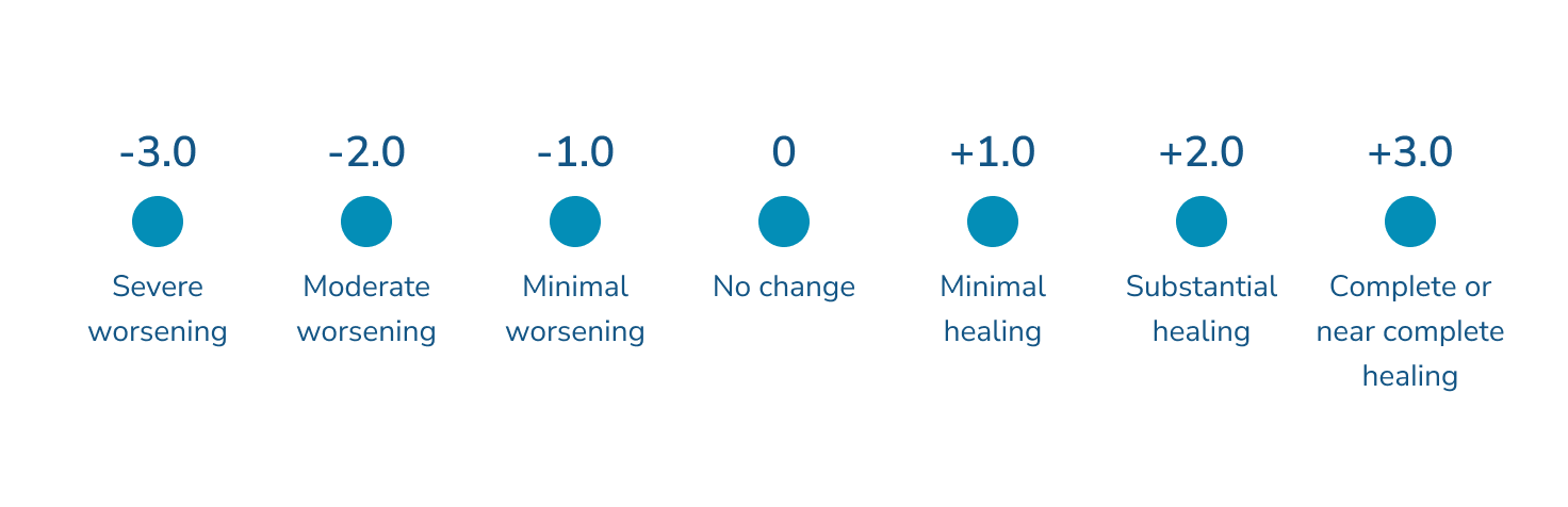 RGI-C scoring scale ranging from negative 3.0 to positive 3.0, labeled as follows: negative 3.0 severe worsening; negative 2.0 moderate worsening; negative 1.0 minimal worsening; 0 no change; positive 1.0 minimal healing; positive 2.0 substantial healing; positive 3.0 complete or near complete healing.